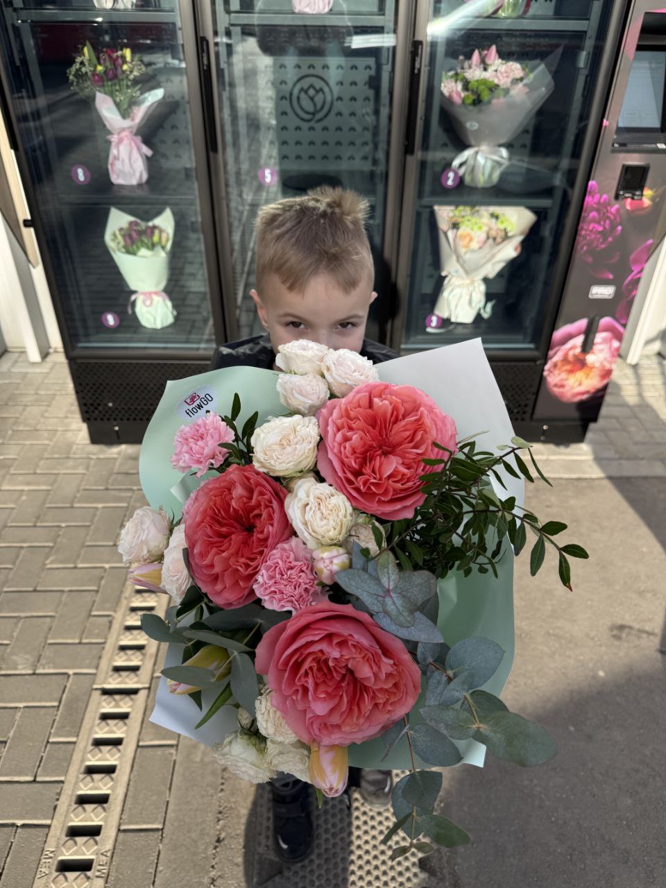 A FlowGo bouquet at a flower vending machine